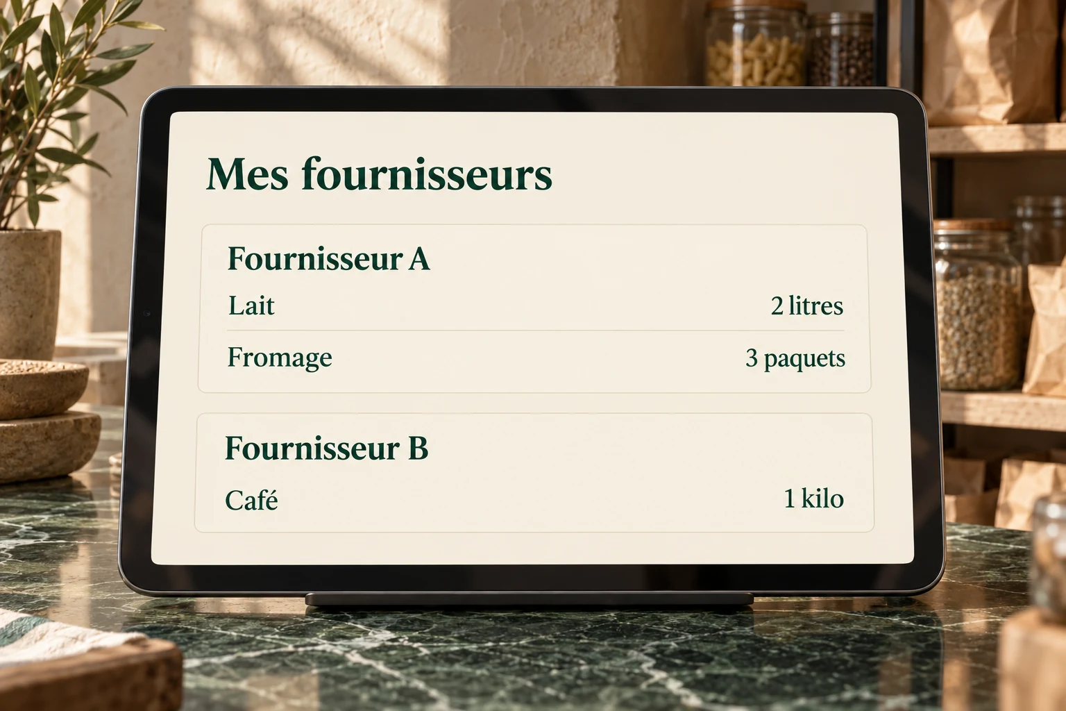 Présentation de l’application sur tablette, avec les produits regroupés par fournisseur