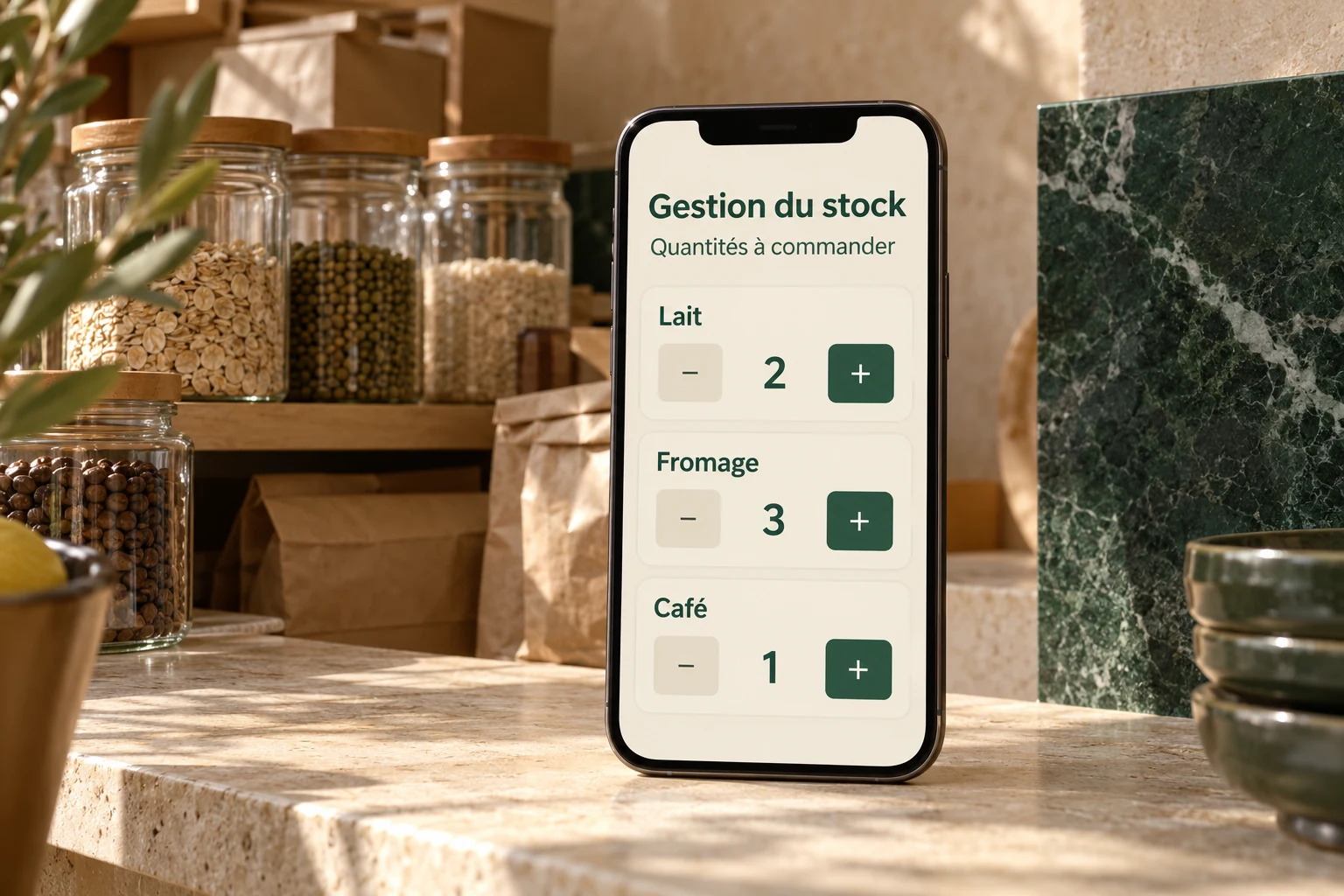 Présentation de l’application de stock sur téléphone, avec les quantités à commander